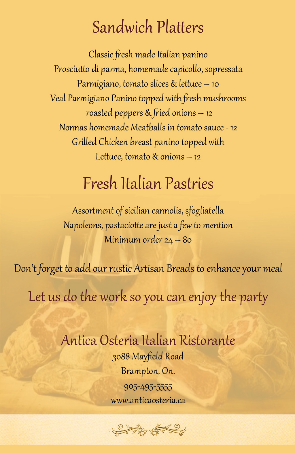 Catering Menu Antica Osteria Italian Eatery Brampton, ON (905